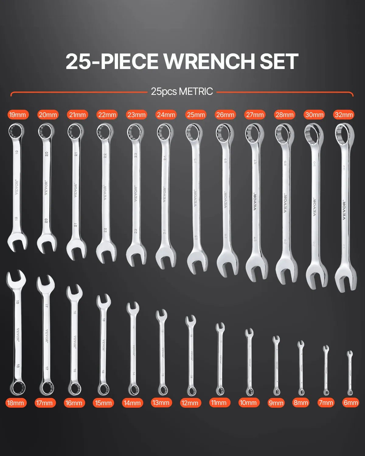 VEVOR Combination Wrench Set 25-Piece Metric 6 mm to 32 mm with Roll-up Pouch