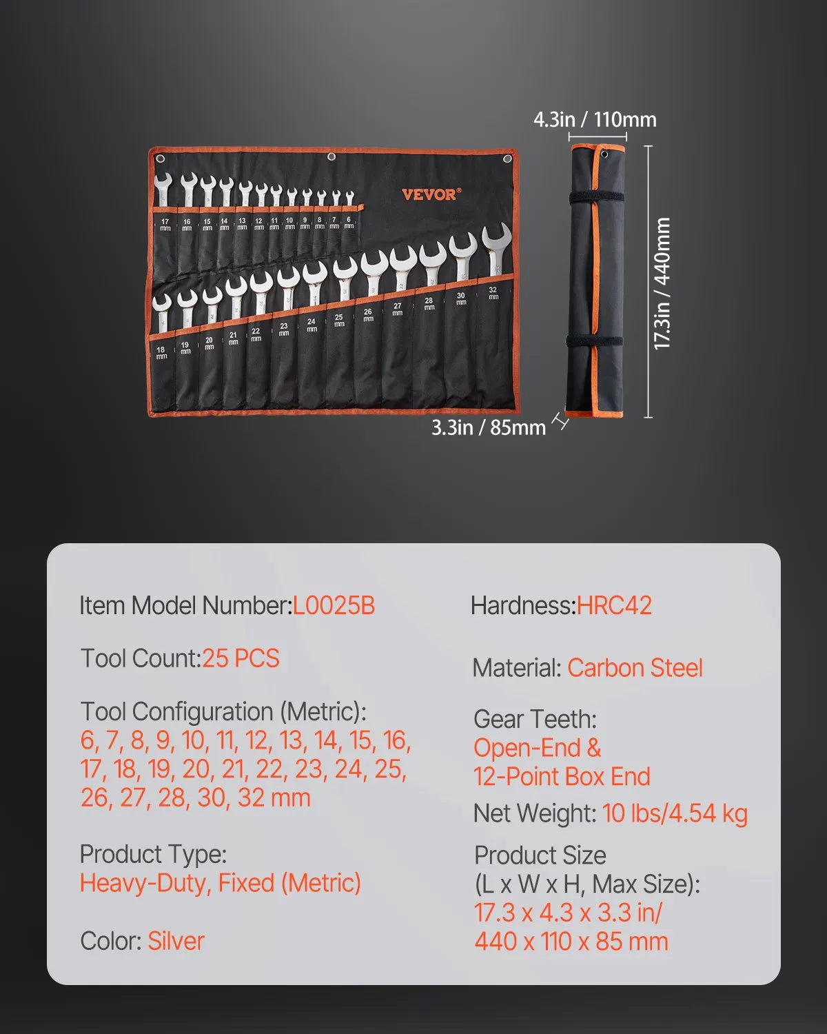 VEVOR Combination Wrench Set 25-Piece Metric 6 mm to 32 mm with Roll-up Pouch