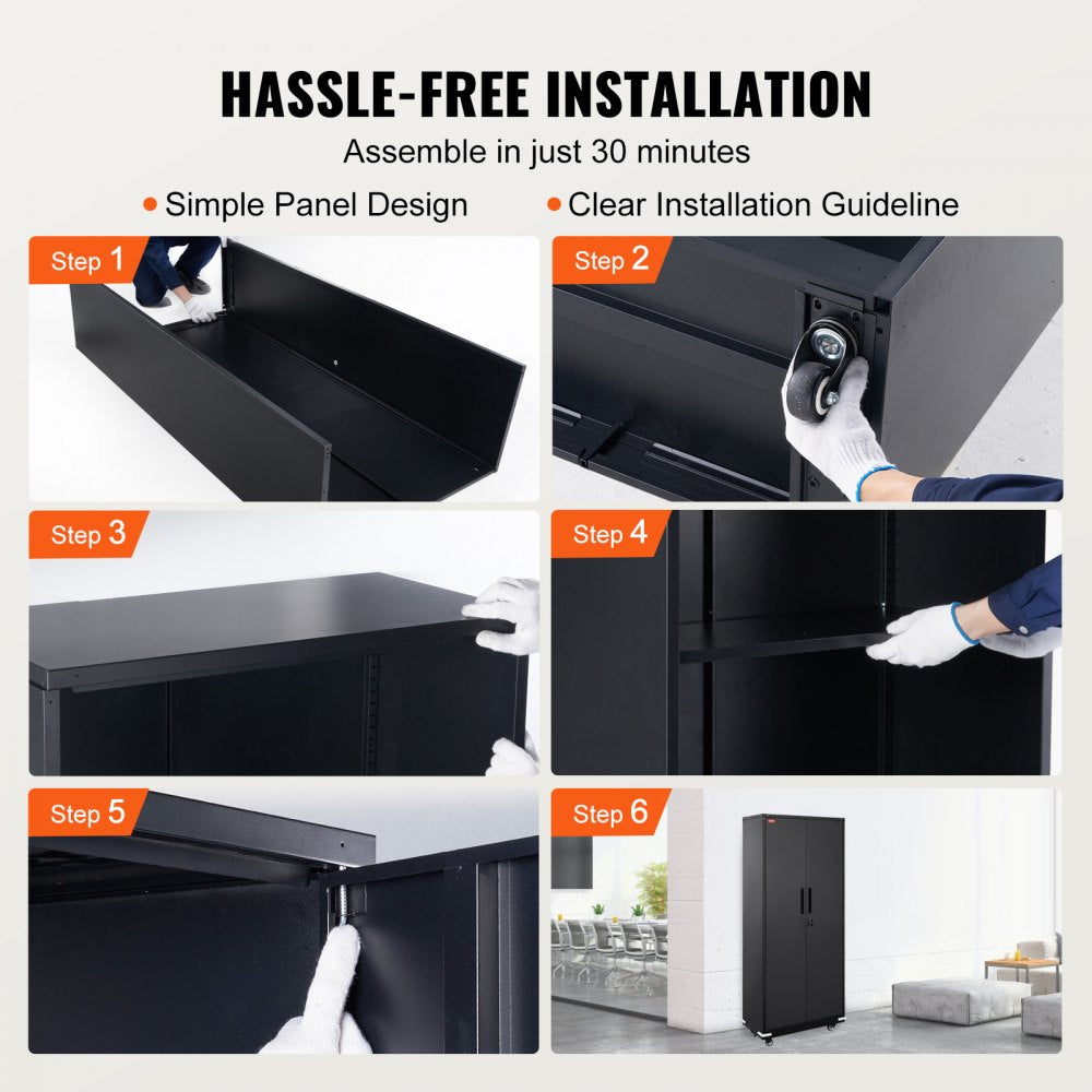 VEVOR Metal Storage Cabinet with Wheels, 75 in Locking Cabinet with 4 Adjustable Shelves & 2 Magnetic Doors, 200 lbs Capacity per Shelf, Metal Cabinet with 3 Keys for Office, Garage, Home, Black 