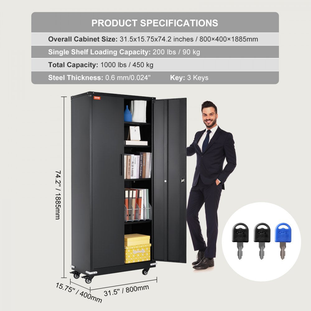 VEVOR Metal Storage Cabinet with Wheels, 75 in Locking Cabinet with 4 Adjustable Shelves & 2 Magnetic Doors, 200 lbs Capacity per Shelf, Metal Cabinet with 3 Keys for Office, Garage, Home, Black 