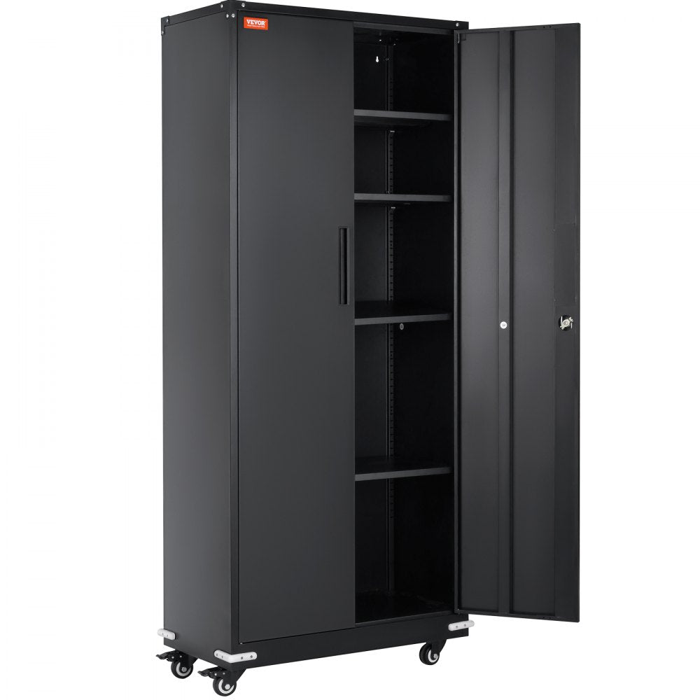 VEVOR Metal Storage Cabinet with Wheels, 75 in Locking Cabinet with 4 Adjustable Shelves & 2 Magnetic Doors, 200 lbs Capacity per Shelf, Metal Cabinet with 3 Keys for Office, Garage, Home, Black 