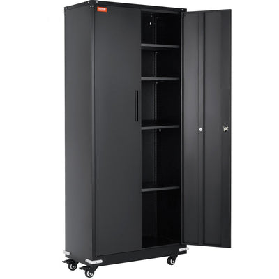 VEVOR Metal Storage Cabinet with Wheels, 75 in Locking Cabinet with 4 Adjustable Shelves & 2 Magnetic Doors, 200 lbs Capacity per Shelf, Metal Cabinet with 3 Keys for Office, Garage, Home, Black 