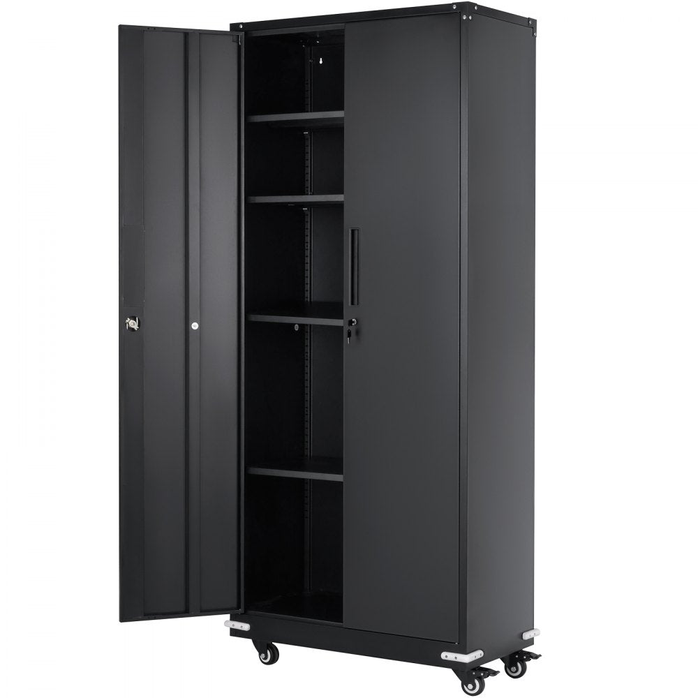 VEVOR Metal Storage Cabinet with Wheels, 75 in Locking Cabinet with 4 Adjustable Shelves & 2 Magnetic Doors, 200 lbs Capacity per Shelf, Metal Cabinet with 3 Keys for Office, Garage, Home, Black 