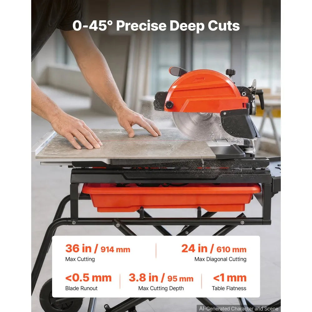10" Wet Tile Saw with Stand – 15-Amp 4500 RPM Tile Cutter with Water Cooling, Infrared Guide & Casters