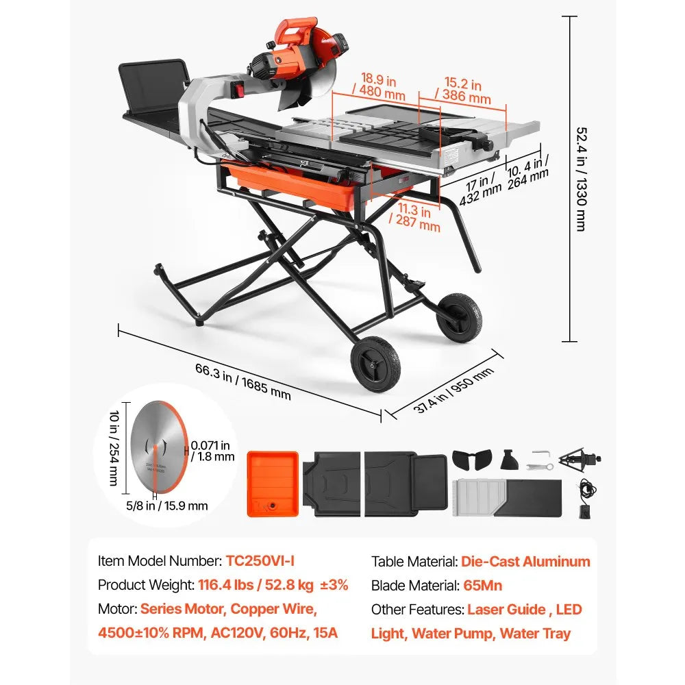 10" Wet Tile Saw with Stand – 15-Amp 4500 RPM Tile Cutter with Water Cooling, Infrared Guide & Casters
