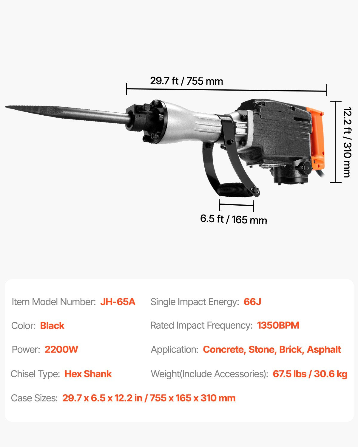 VEVOR Demolition Jack Hammer, 2200W Electric Jackhammer Heavy Duty, 1350 BPM Concrete Breaker 6pcs Chisels Bit Chipping with Case, Black 