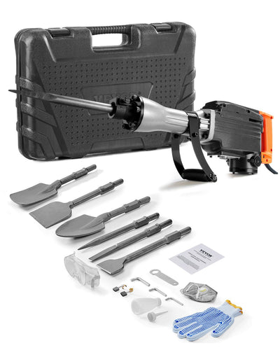 VEVOR Demolition Jack Hammer, 2200W Electric Jackhammer Heavy Duty, 1350 BPM Concrete Breaker 6pcs Chisels Bit Chipping with Case, Black 