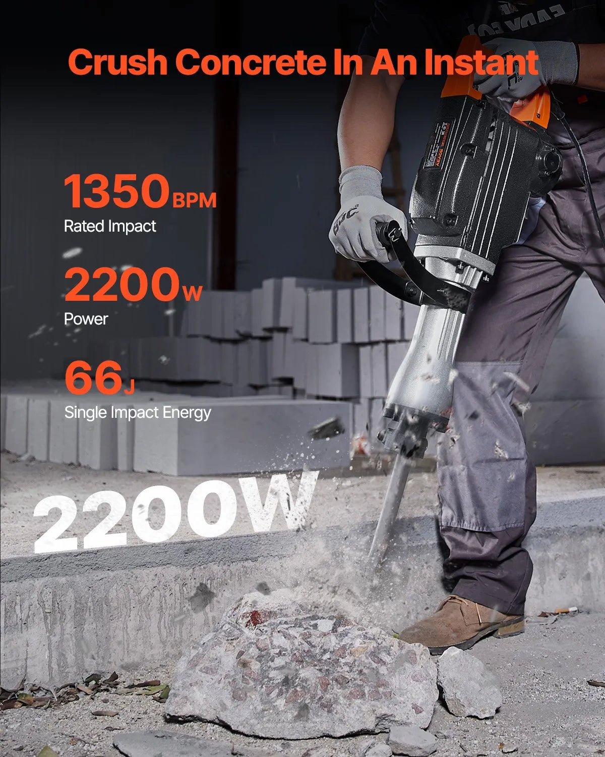 VEVOR Demolition Jack Hammer, 2200W Electric Jackhammer Heavy Duty, 1350 BPM Concrete Breaker 2pcs Chisels Bit Chipping with Case, Black