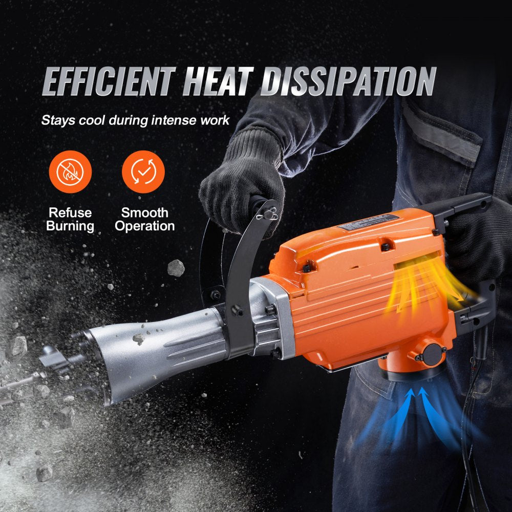 VEVOR Demolition Jack Hammer 2200W Jack Hammer Concrete Breaker 1400 BPM Heavy Duty Electric Jack Hammer 6pcs Chisels Bit w/Gloves & 360°C Swiveling Front Handle for Trenching and Breaking Holes 