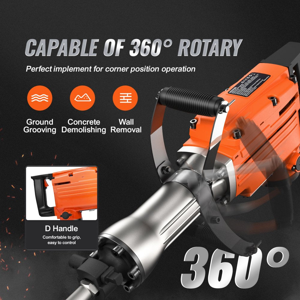 VEVOR Demolition Jack Hammer 2200W Jack Hammer Concrete Breaker 1400 BPM Heavy Duty Electric Jack Hammer 6pcs Chisels Bit w/Gloves & 360°C Swiveling Front Handle for Trenching and Breaking Holes 