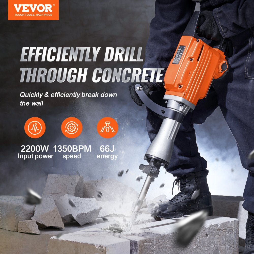 VEVOR Demolition Jack Hammer Concrete Breaker 2200W Electric Hammer 2 Chisel Bits 