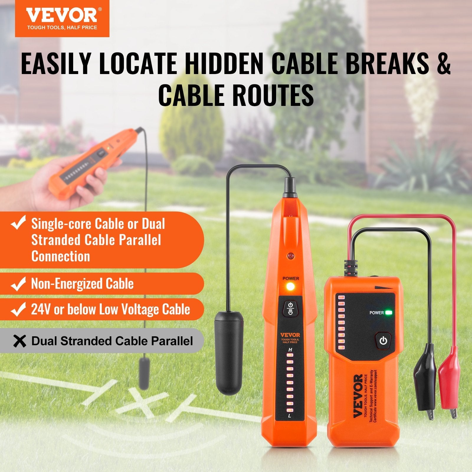 VEVOR Underground Cable Locator, 3 FT Max. Detection Depth, Wire Tracer Break Detector Finder with Earphone, 1000 FT Max.Detection Length Cable Tester for Pet Fence Buried Sprinkler Valve Irrigation 