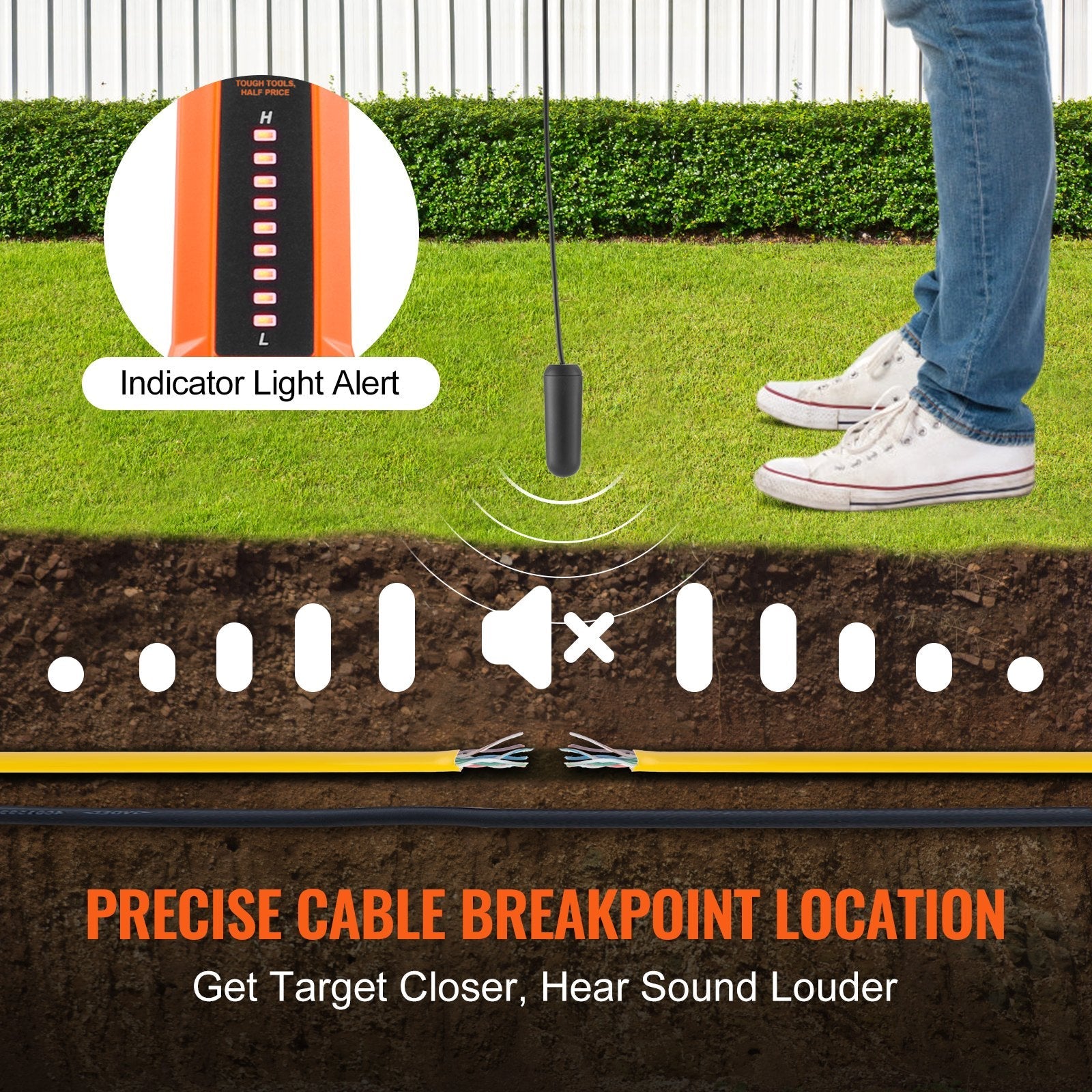 VEVOR Underground Cable Locator, 3 FT Max. Detection Depth, Wire Tracer Break Detector Finder with Earphone, 1000 FT Max.Detection Length Cable Tester for Pet Fence Buried Sprinkler Valve Irrigation 