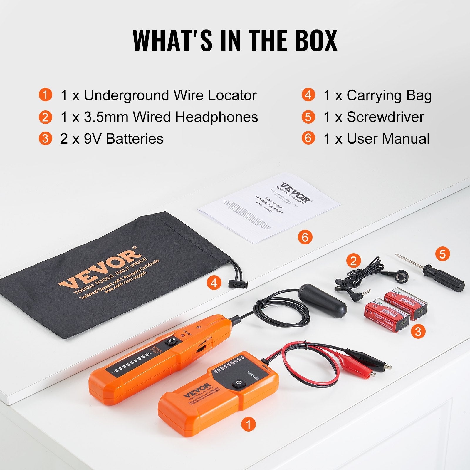 VEVOR Underground Cable Locator, 3 FT Max. Detection Depth, Wire Tracer Break Detector Finder with Earphone, 1000 FT Max.Detection Length Cable Tester for Pet Fence Buried Sprinkler Valve Irrigation 