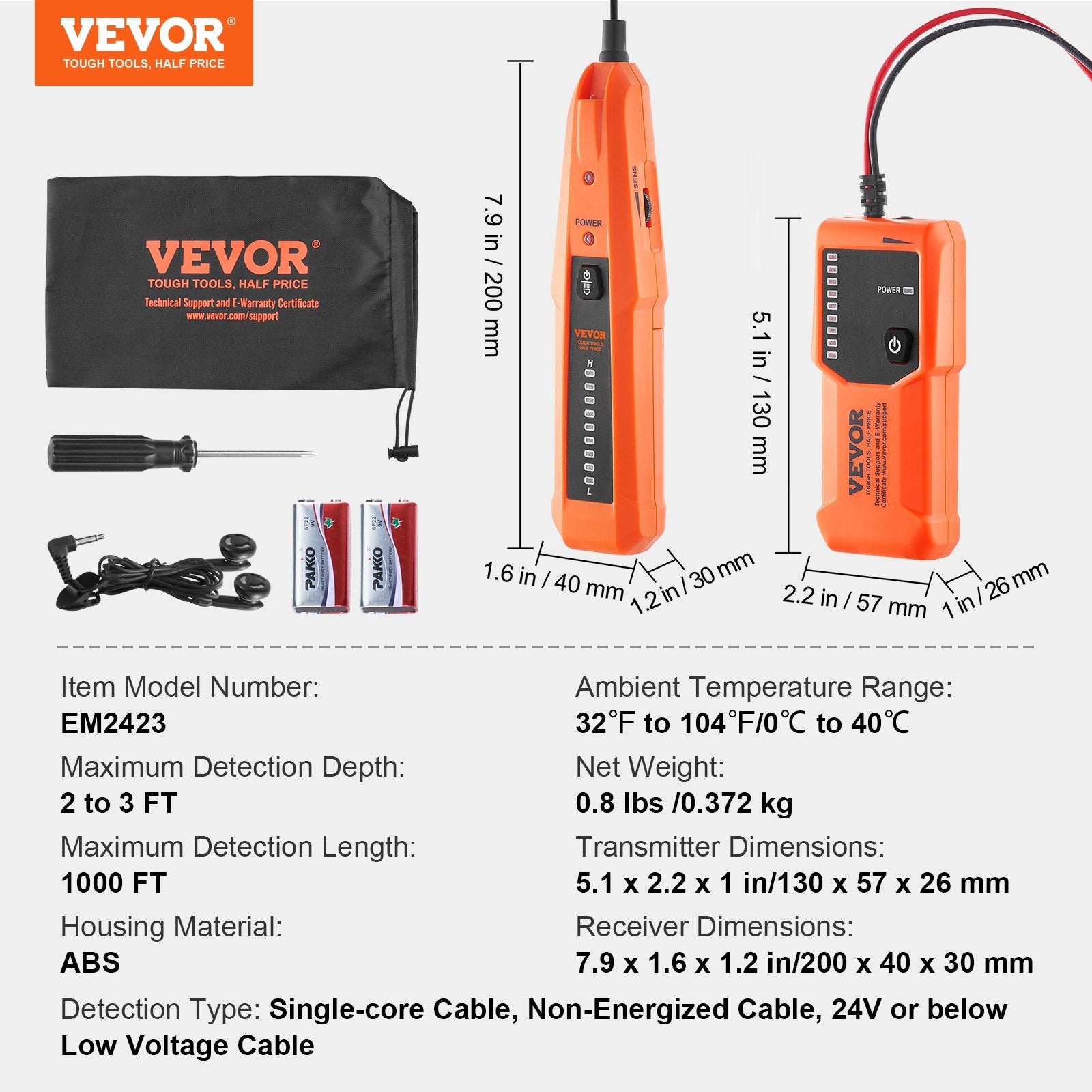 VEVOR Underground Cable Locator, 3 FT Max. Detection Depth, Wire Tracer Break Detector Finder with Earphone, 1000 FT Max.Detection Length Cable Tester for Pet Fence Buried Sprinkler Valve Irrigation 