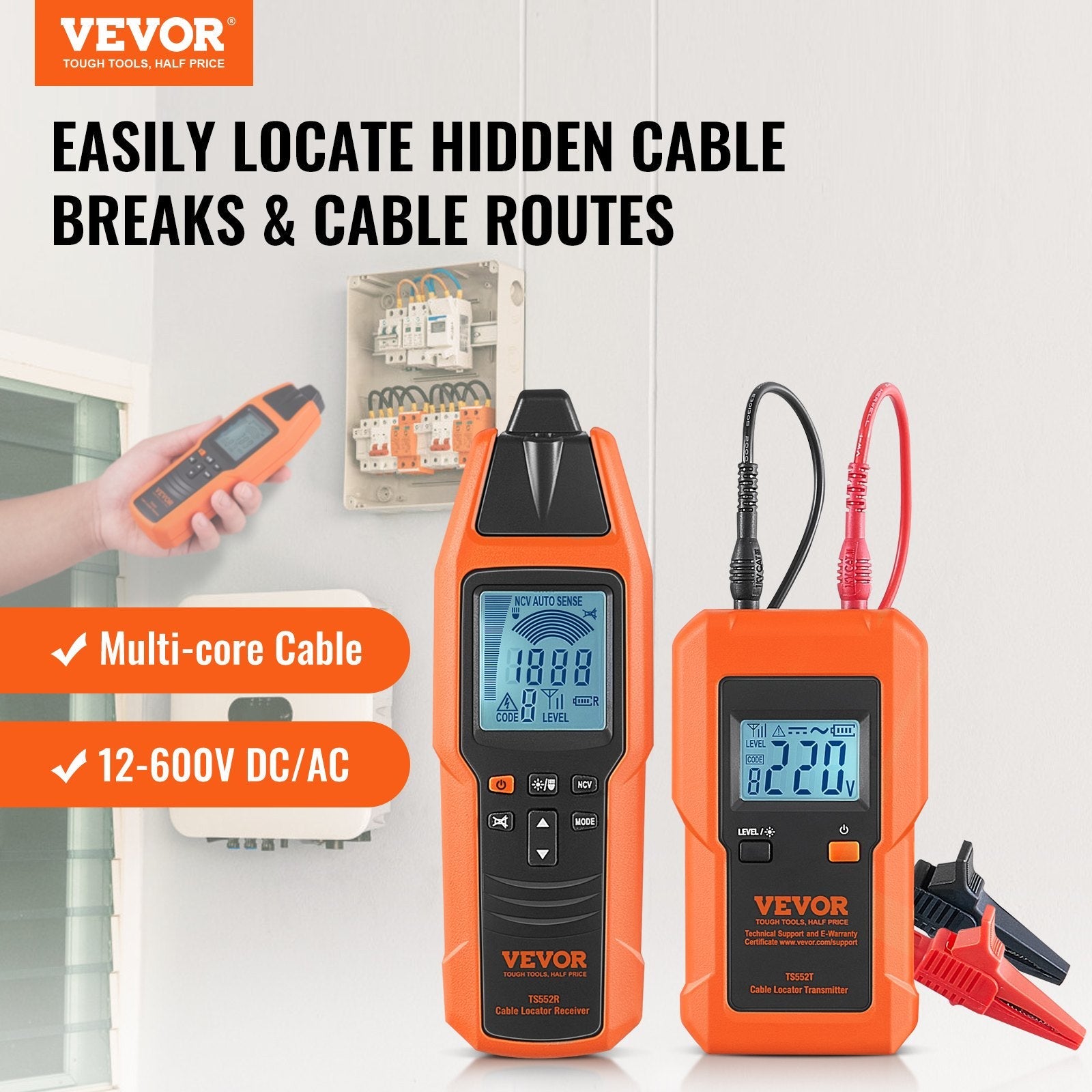 VEVOR Underground Cable Locator, 3 FT Max. Detection Depth, 12 to 600V (NVC) Wire Tracer Break Detector Finder, 6561 FT Max.Detection Length for Electrical Circuits Pipelines Dog Fence Buried Cables 