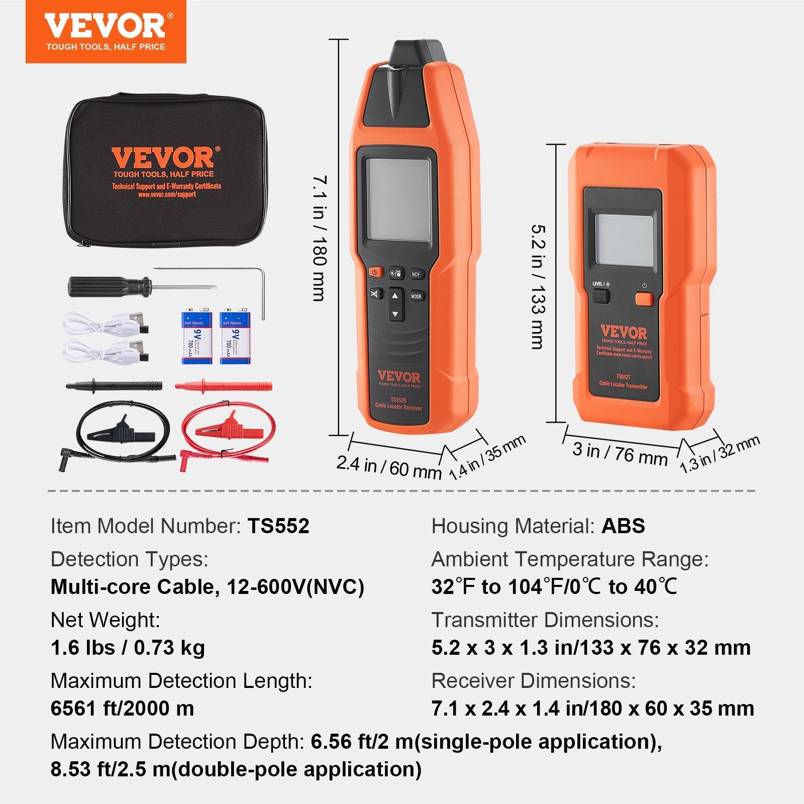VEVOR Underground Cable Locator, 3 FT Max. Detection Depth, 12 to 600V (NVC) Wire Tracer Break Detector Finder, 6561 FT Max.Detection Length for Electrical Circuits Pipelines Dog Fence Buried Cables 