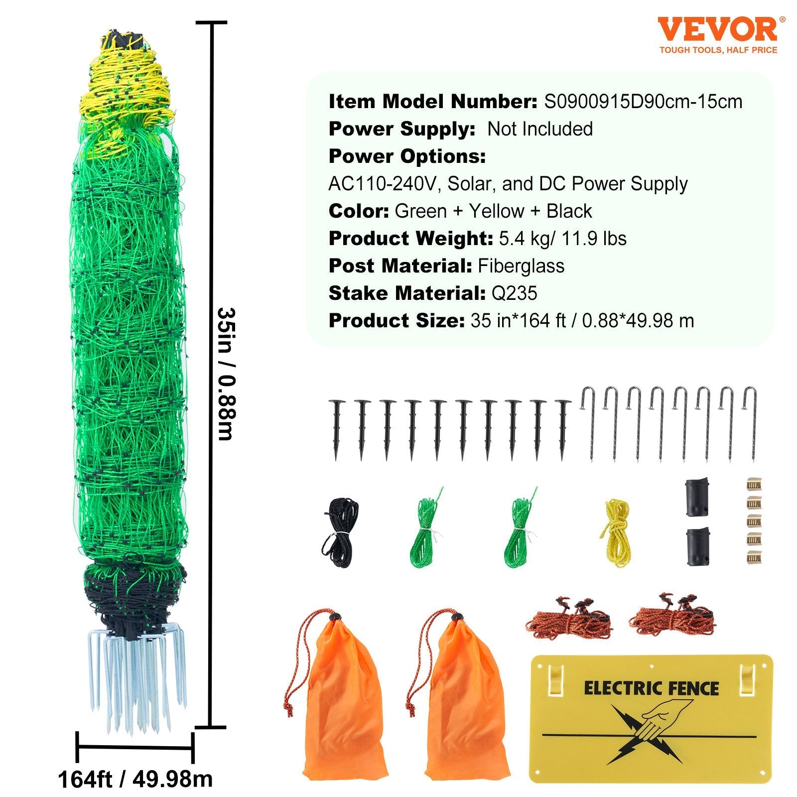 VEVOR Electric Fence Netting, 35" H x 164' L, PE Net Fencing with Posts & Double-Spiked Stakes, Utility Portable Mesh for Goats, Sheep, Lambs, Deer, Hogs, Dogs, Used in Backyards, Farms, and Ranches 