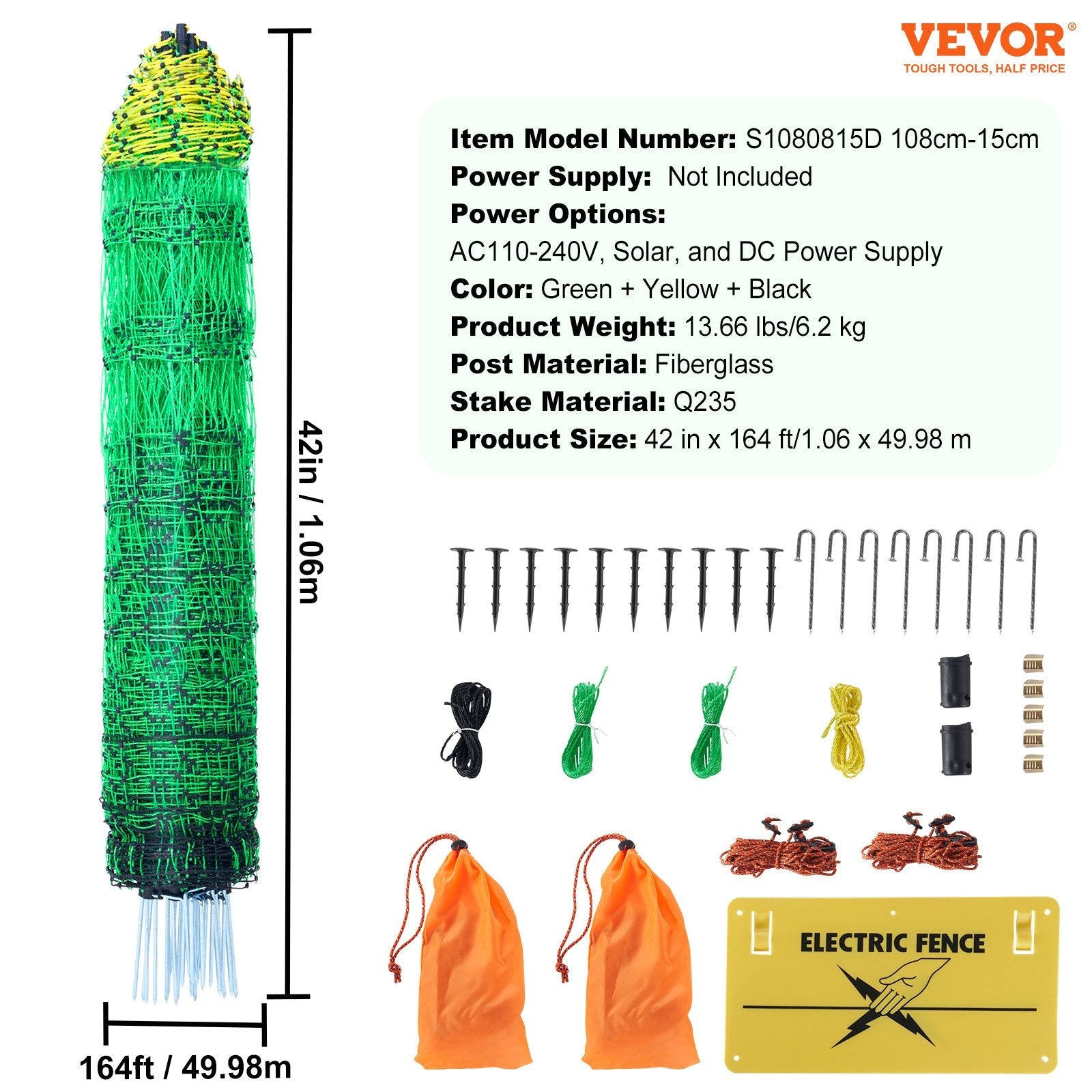 VEVOR Electric Fence Netting, 42" H x 164' L, PE Net Fencing with Posts & Double-Spiked Stakes, Utility Portable Mesh for Goats, Sheep, Lambs, Deer, Hogs, Dogs, Used in Backyards, Farms, and Ranches 