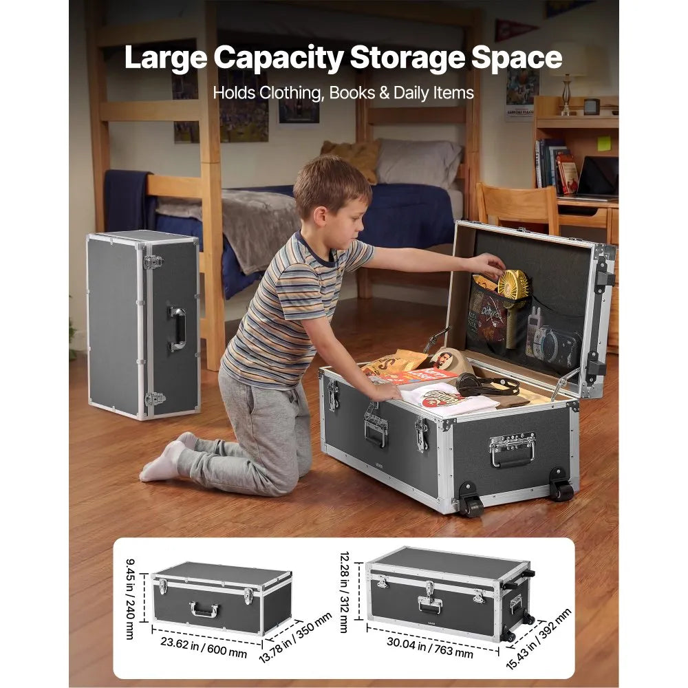 Set of 2 Decorative Storage Trunks with Locks, Casters & Wooden Construction, Gray