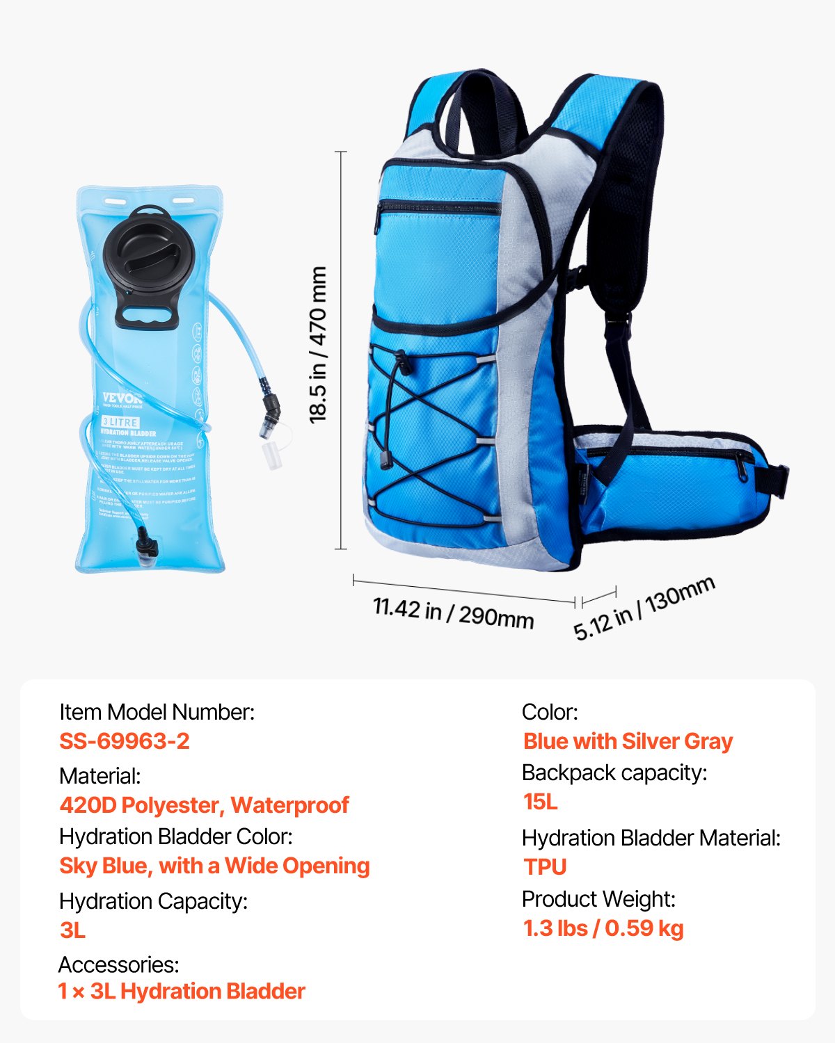 VEVOR Hydration Pack Backpack 3L TPU Water Bladder biking Hiking Running Camping 