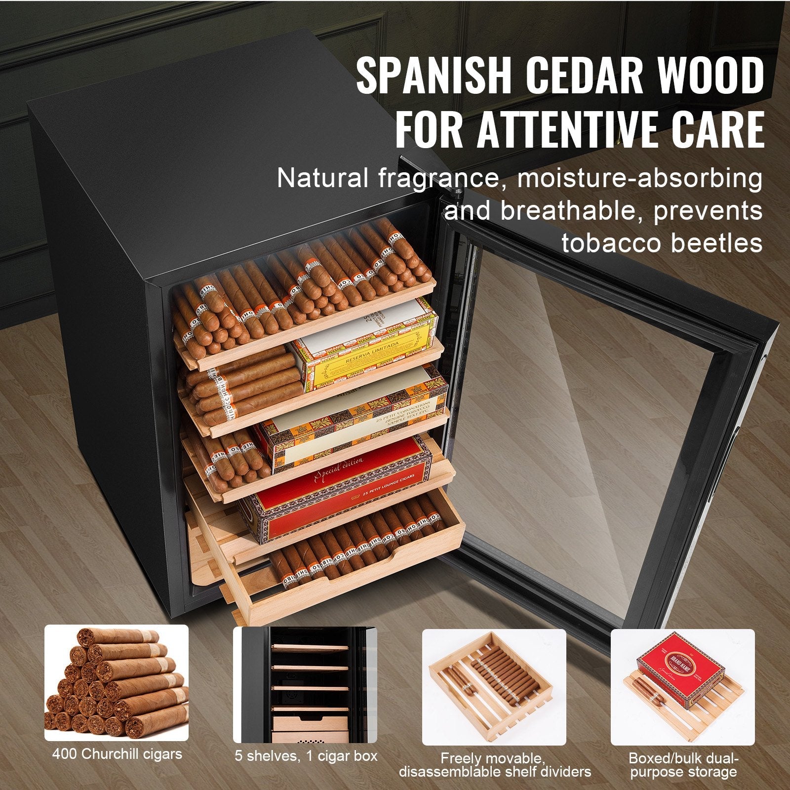 VEVOR Electric Cigar Humidor, 400 Count Cigar Humidor Cabinet with Cooling, Heating & Humidity Control, 5 Layer Spanish Cedar Wood & Double Mirror Glass Cigar Humidor, Gift for Men 