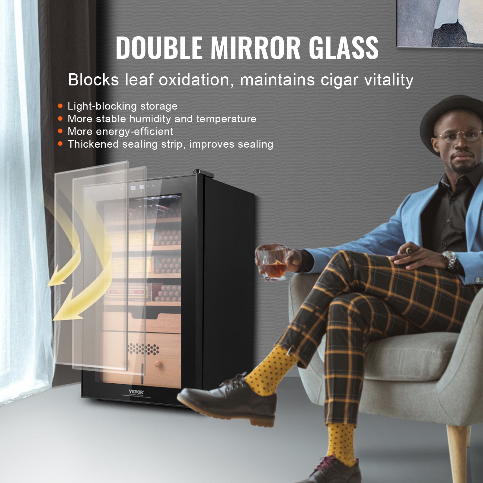 VEVOR Electric Cigar Humidor, 400 Count Cigar Humidor Cabinet with Cooling, Heating & Humidity Control, 5 Layer Spanish Cedar Wood & Double Mirror Glass Cigar Humidor, Gift for Men 