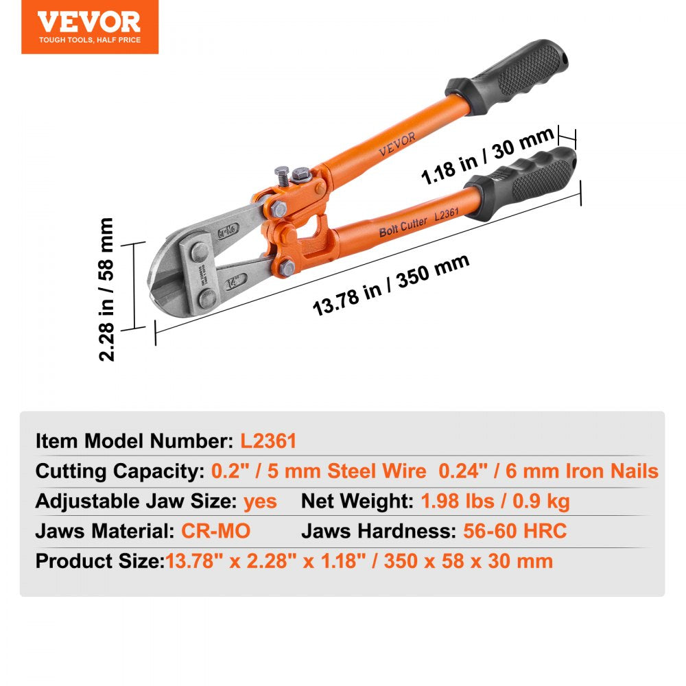 VEVOR Bolt Cutter, 14" Lock Cutter, Bi-Material Handle with Soft Rubber Grip, Chrome Molybdenum Alloy Steel Blade, Heavy Duty Bolt Cutter for Rods, Bolts, Wires, Cables, Rivets, and Chains 