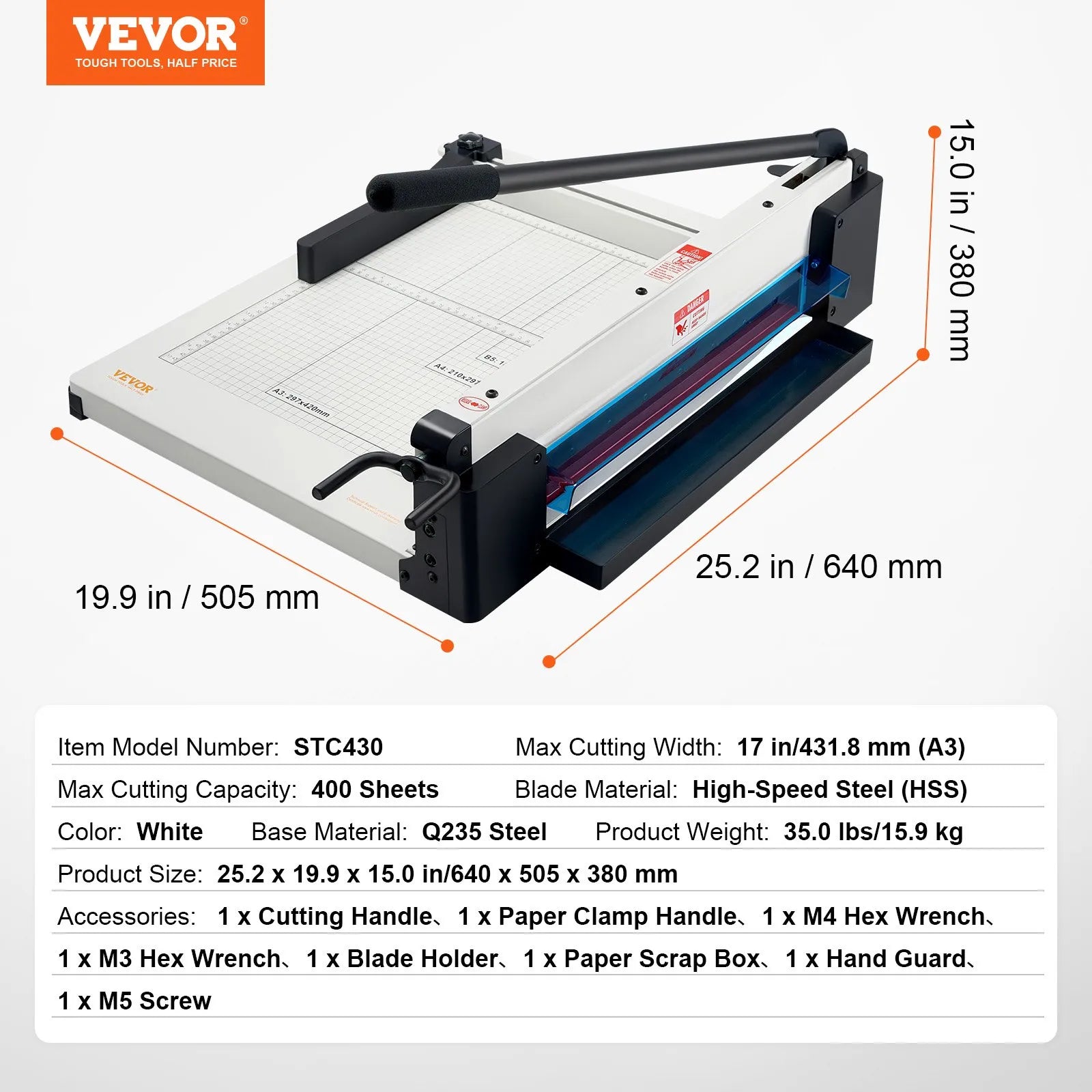 VEVOR Paper Cutter 17" A3 Guillotine Paper Trimmer 400 Sheet Capacity Metal Base