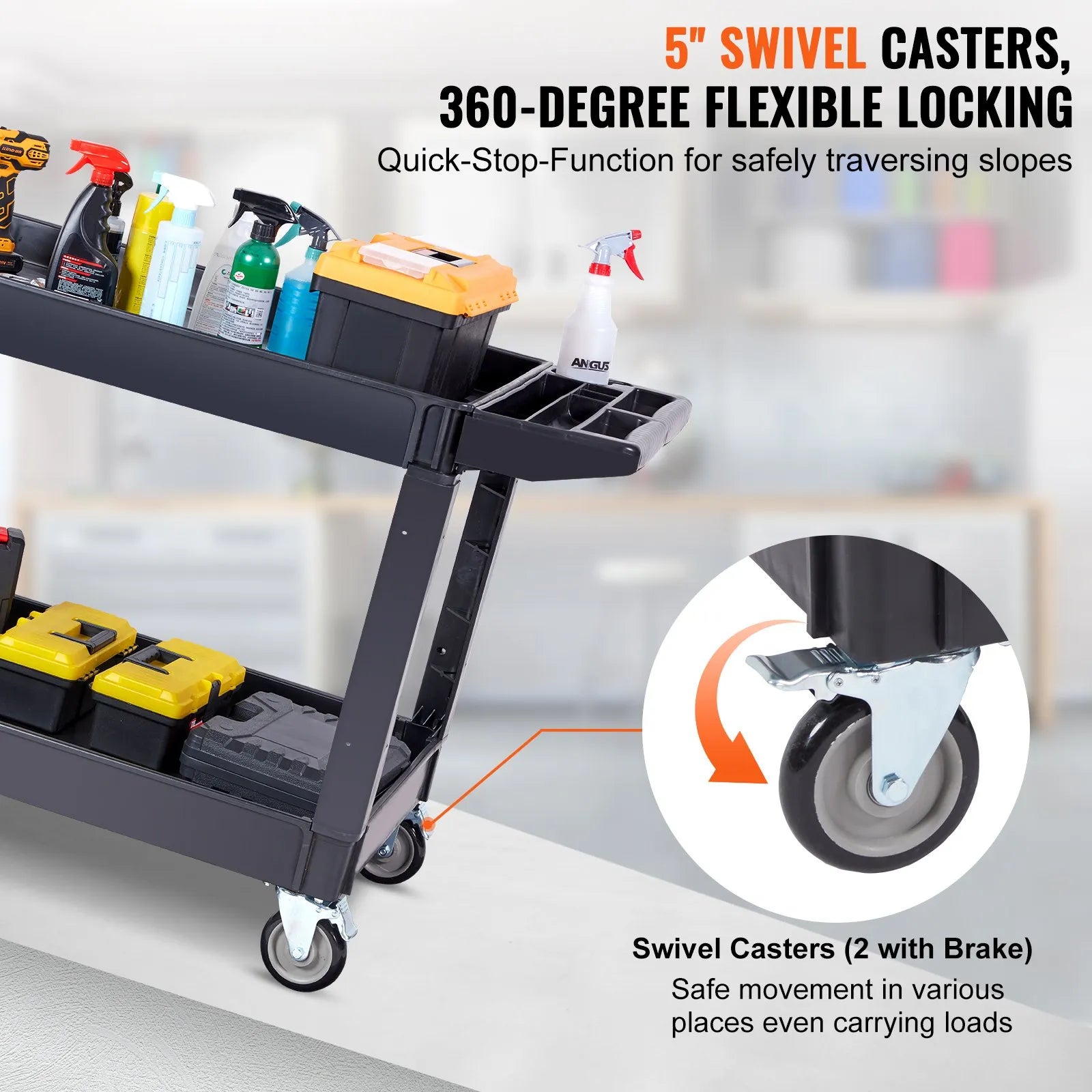 VEVOR Utility Service Cart 2 Shelf 550LBS 360° Swivel Wheels (2 with Brakes)