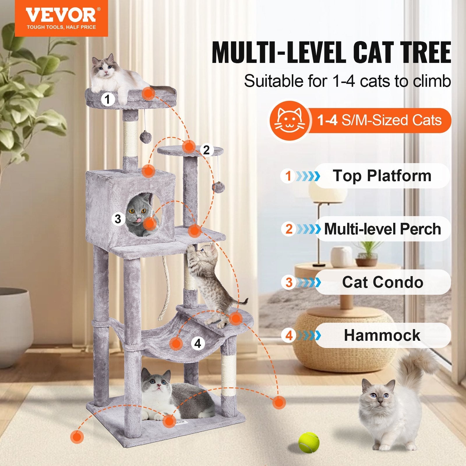 VEVOR Cat Tree 56.2" Cat Tower with Cat Condo Sisal Scratching Post Light Grey 