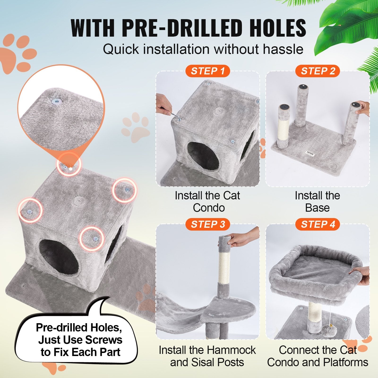 VEVOR Cat Tree 56.2" Cat Tower with Cat Condo Sisal Scratching Post Light Grey 