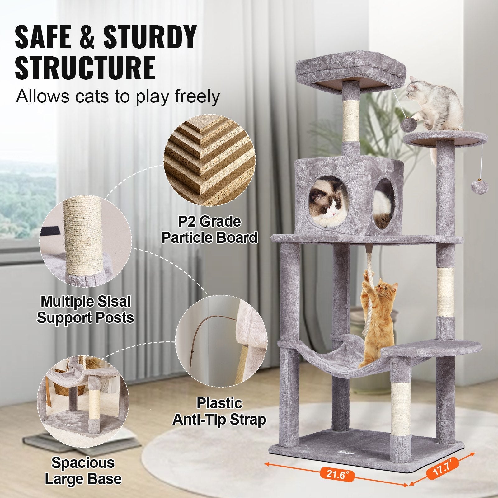 VEVOR Cat Tree 56.2" Cat Tower with Cat Condo Sisal Scratching Post Light Grey 