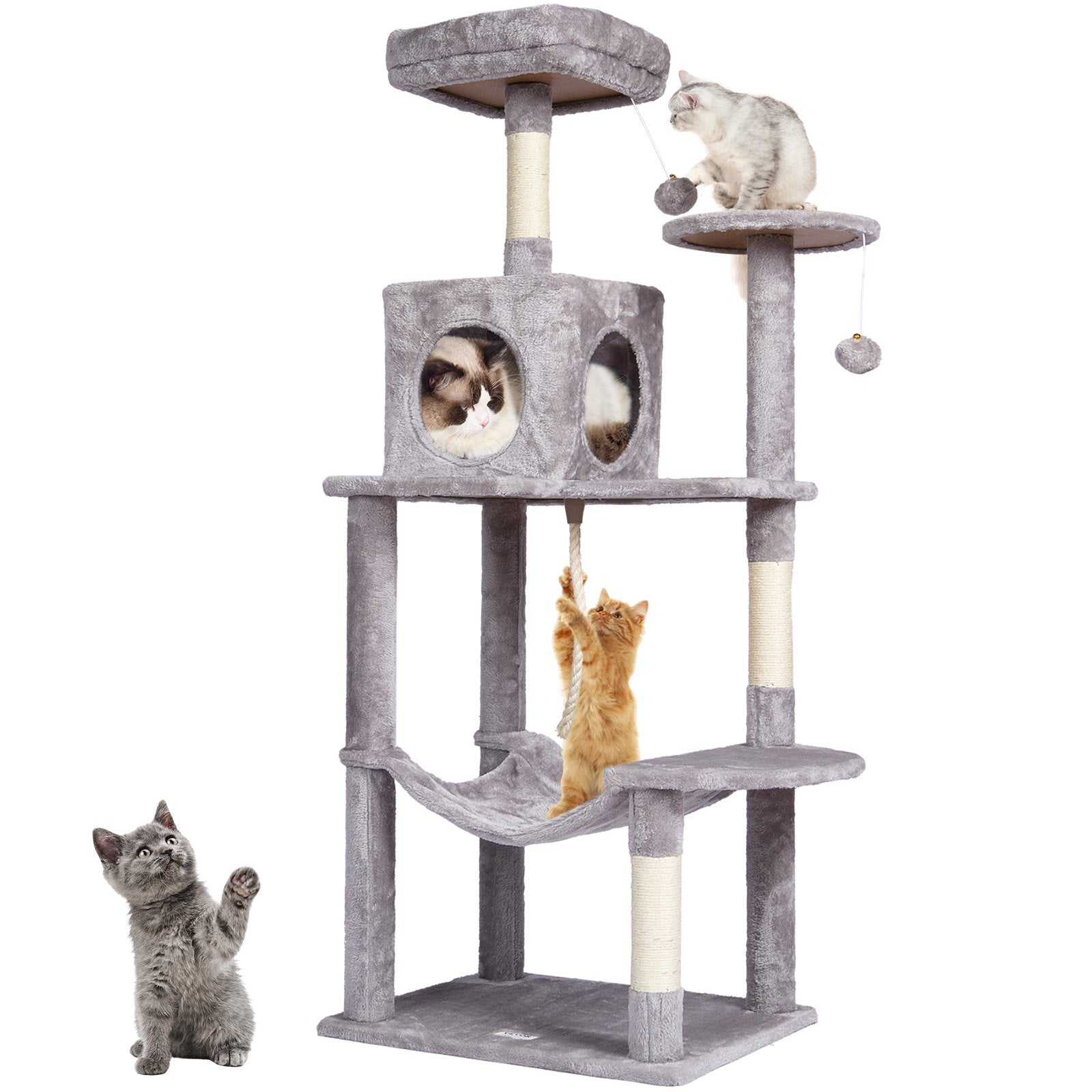 VEVOR Cat Tree 56.2" Cat Tower with Cat Condo Sisal Scratching Post Light Grey 
