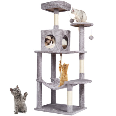 VEVOR Cat Tree 56.2" Cat Tower with Cat Condo Sisal Scratching Post Light Grey 