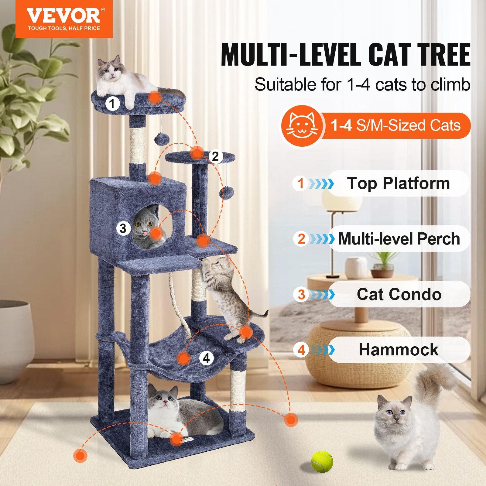 VEVOR Cat Tree 56.2" Cat Tower with Cat Condo Sisal Scratching Post Dark Grey 