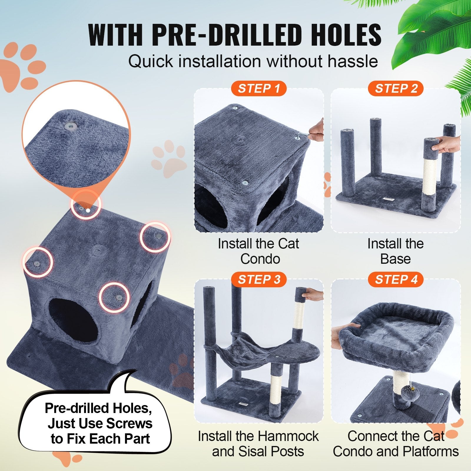 VEVOR Cat Tree 56.2" Cat Tower with Cat Condo Sisal Scratching Post Dark Grey 