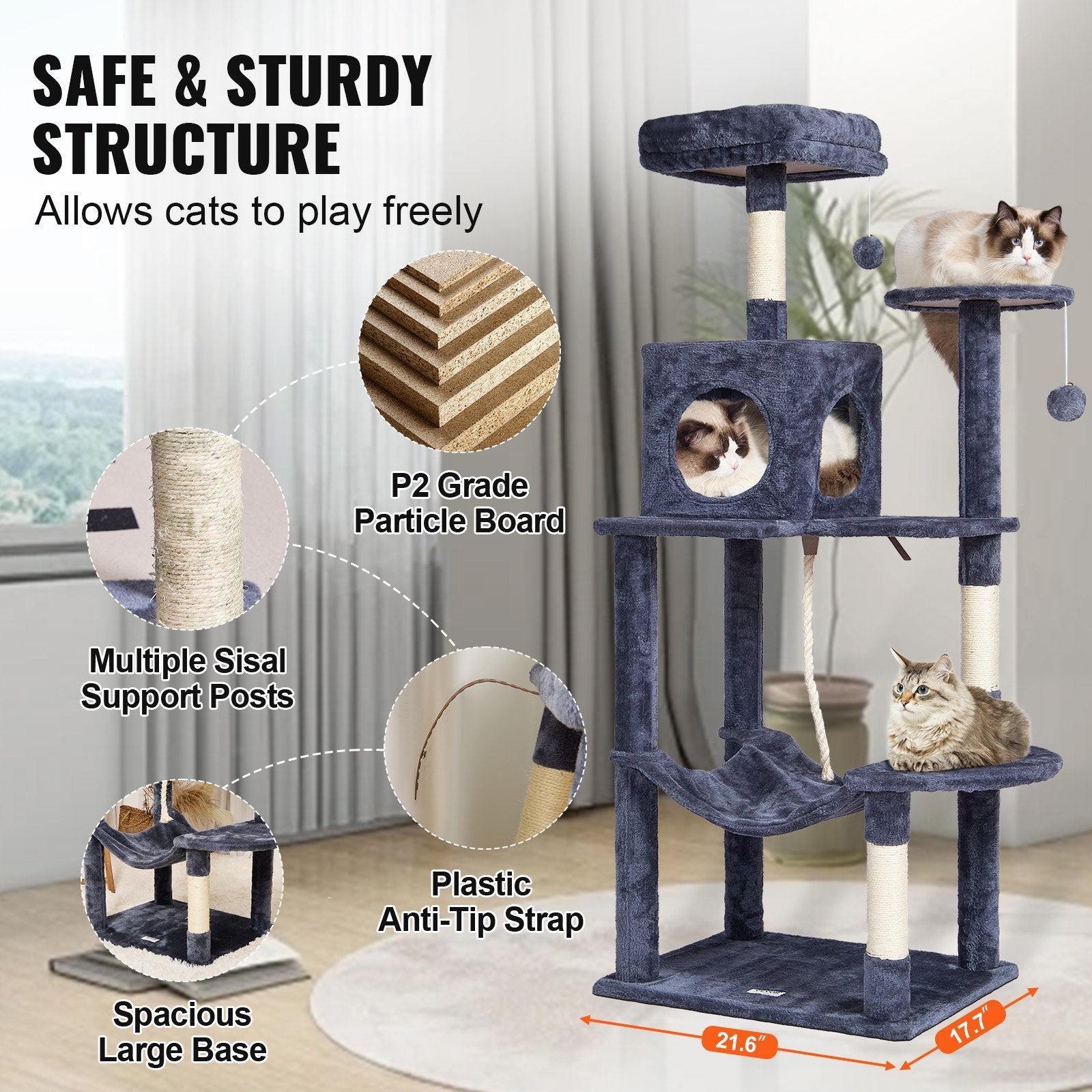 VEVOR Cat Tree 56.2" Cat Tower with Cat Condo Sisal Scratching Post Dark Grey 