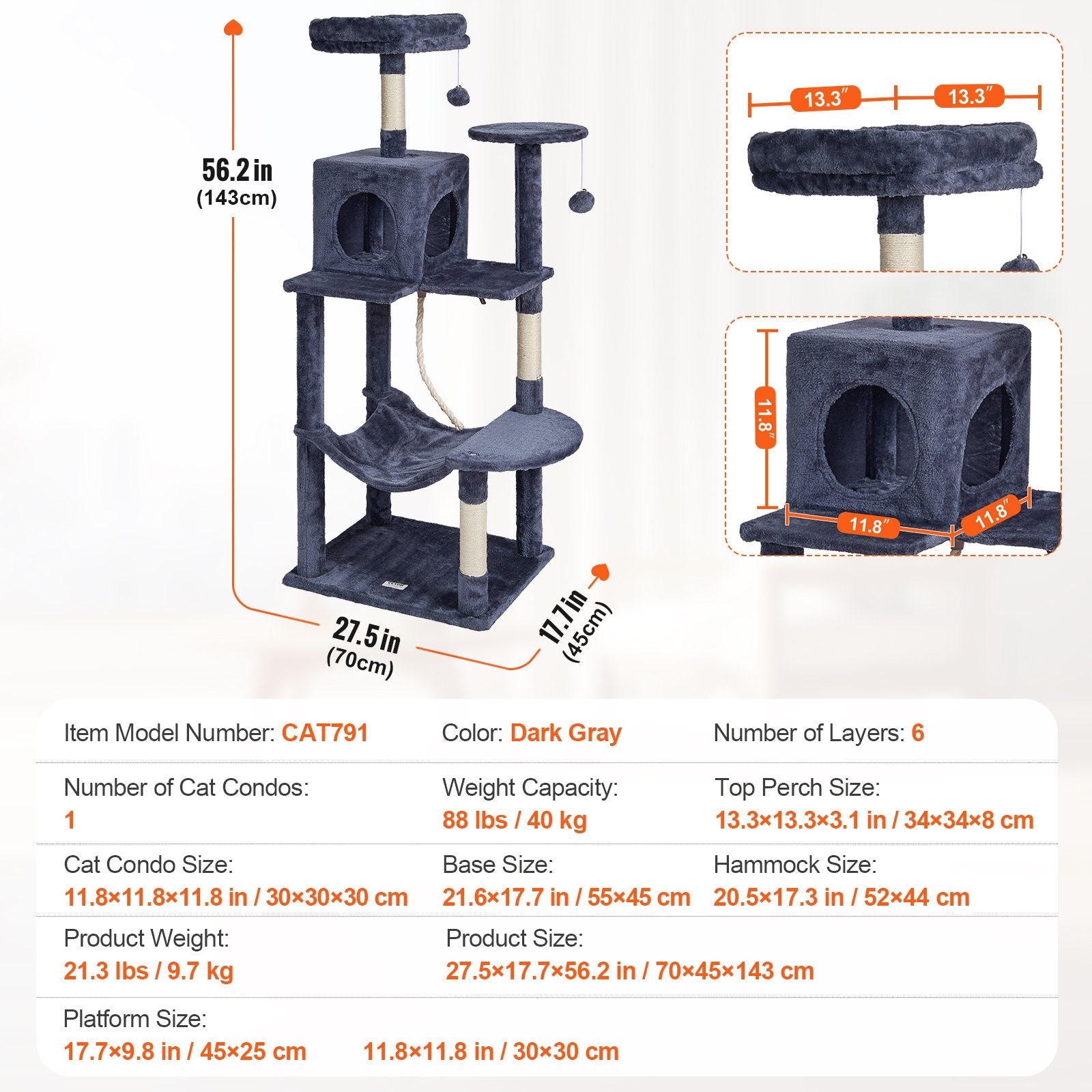 VEVOR Cat Tree 56.2" Cat Tower with Cat Condo Sisal Scratching Post Dark Grey 