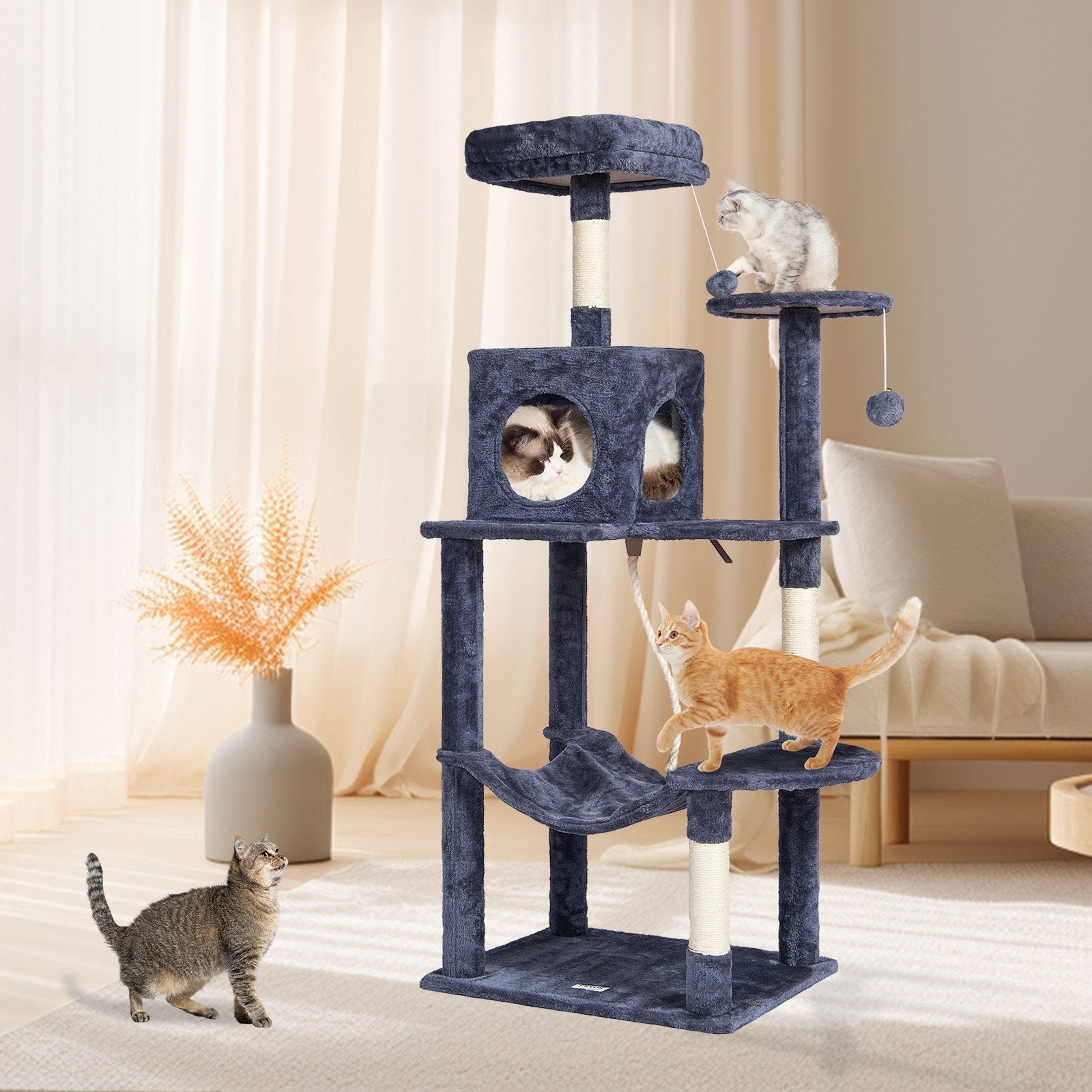 VEVOR Cat Tree 56.2" Cat Tower with Cat Condo Sisal Scratching Post Dark Grey 
