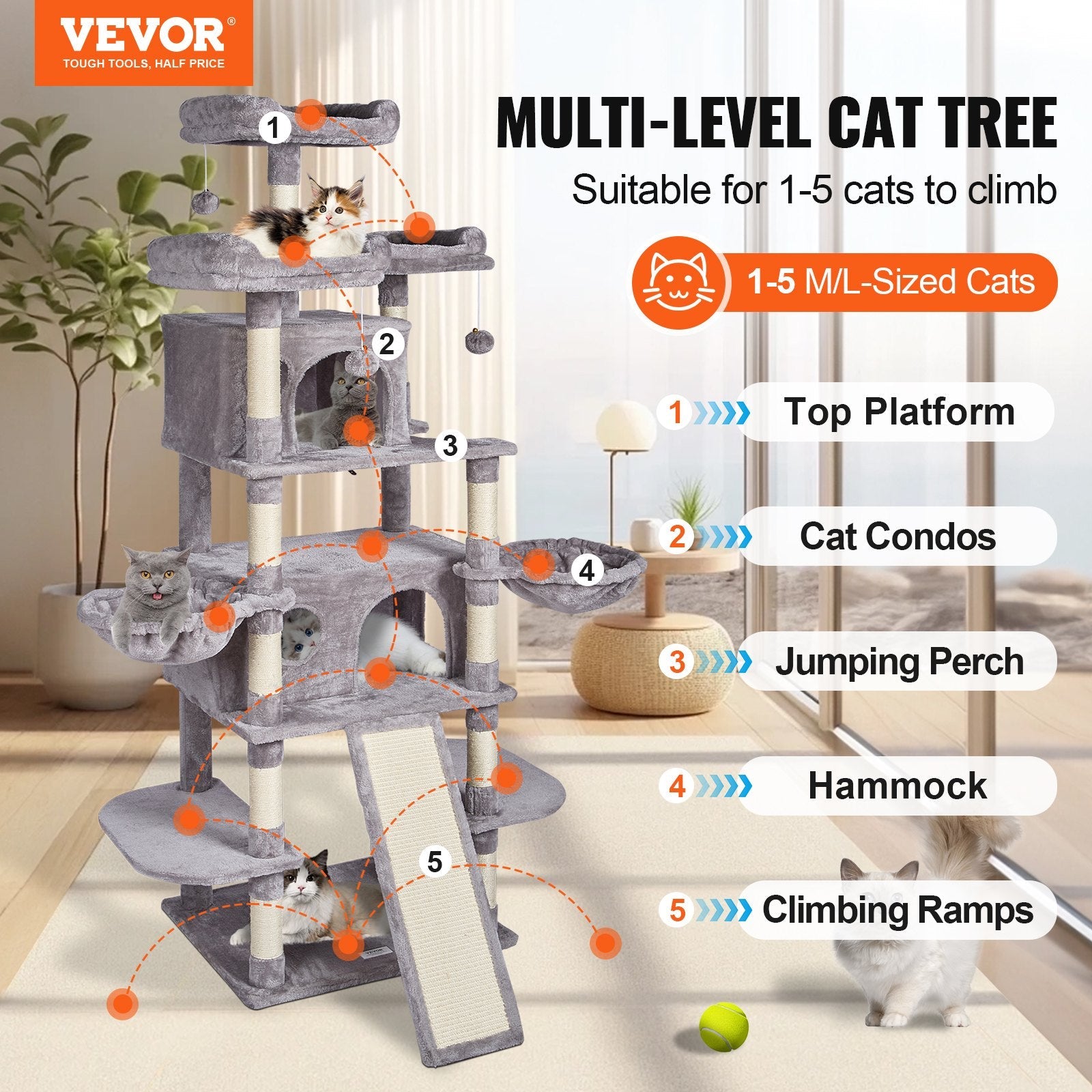 VEVOR Cat Tree 68.5" Cat Tower for Indoor Cats with Cat Condos Scratching Post 