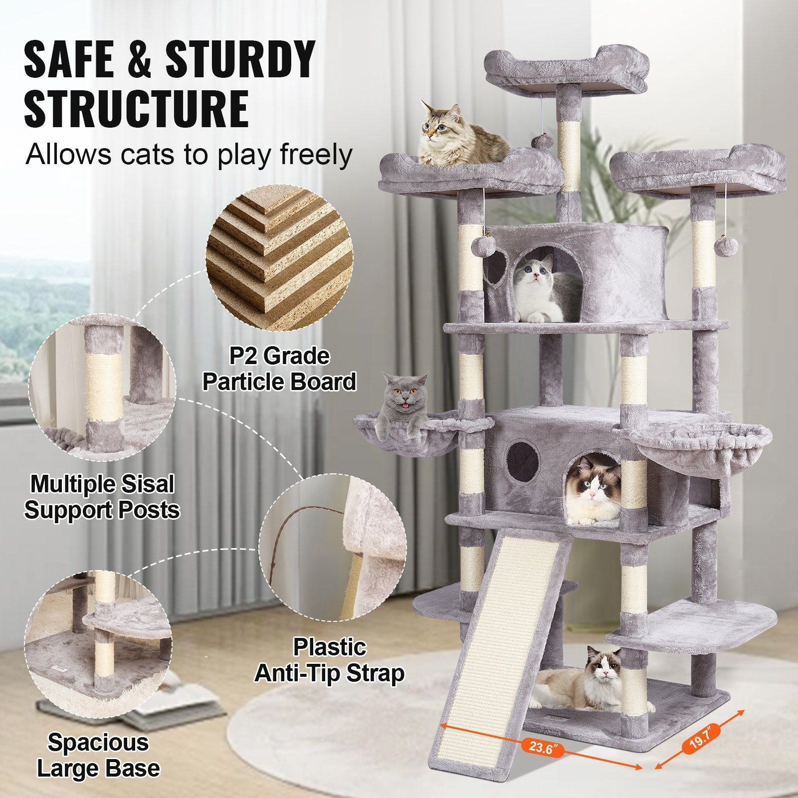 VEVOR Cat Tree 68.5" Cat Tower for Indoor Cats with Cat Condos Scratching Post 