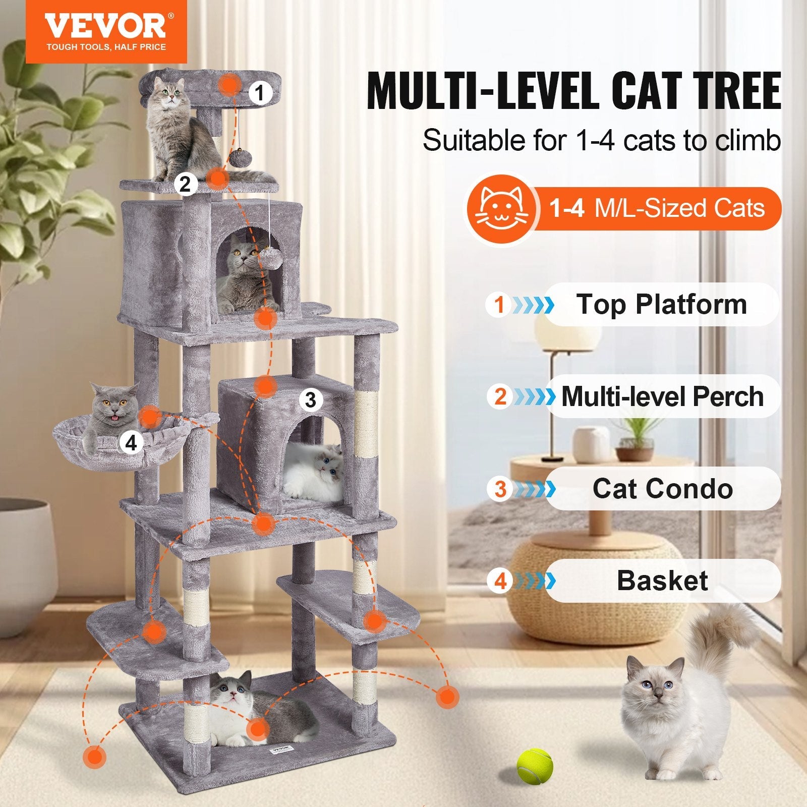 VEVOR Cat Tree 68.5" Cat Tower with Cat Condos Sisal Scratching Post Light Grey 