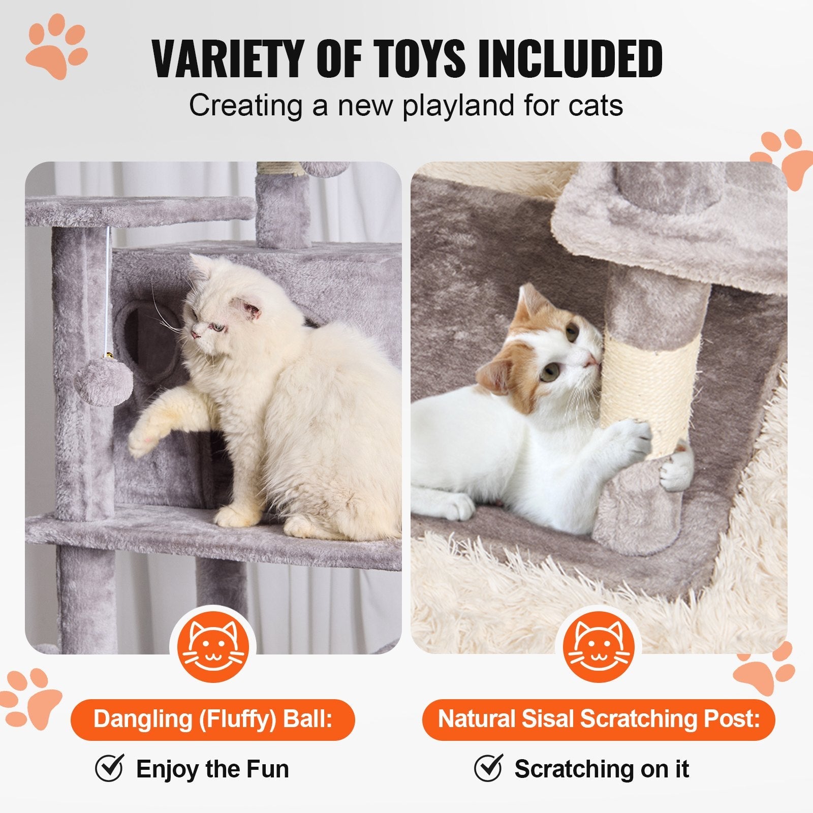 VEVOR Cat Tree 68.5" Cat Tower with Cat Condos Sisal Scratching Post Light Grey 