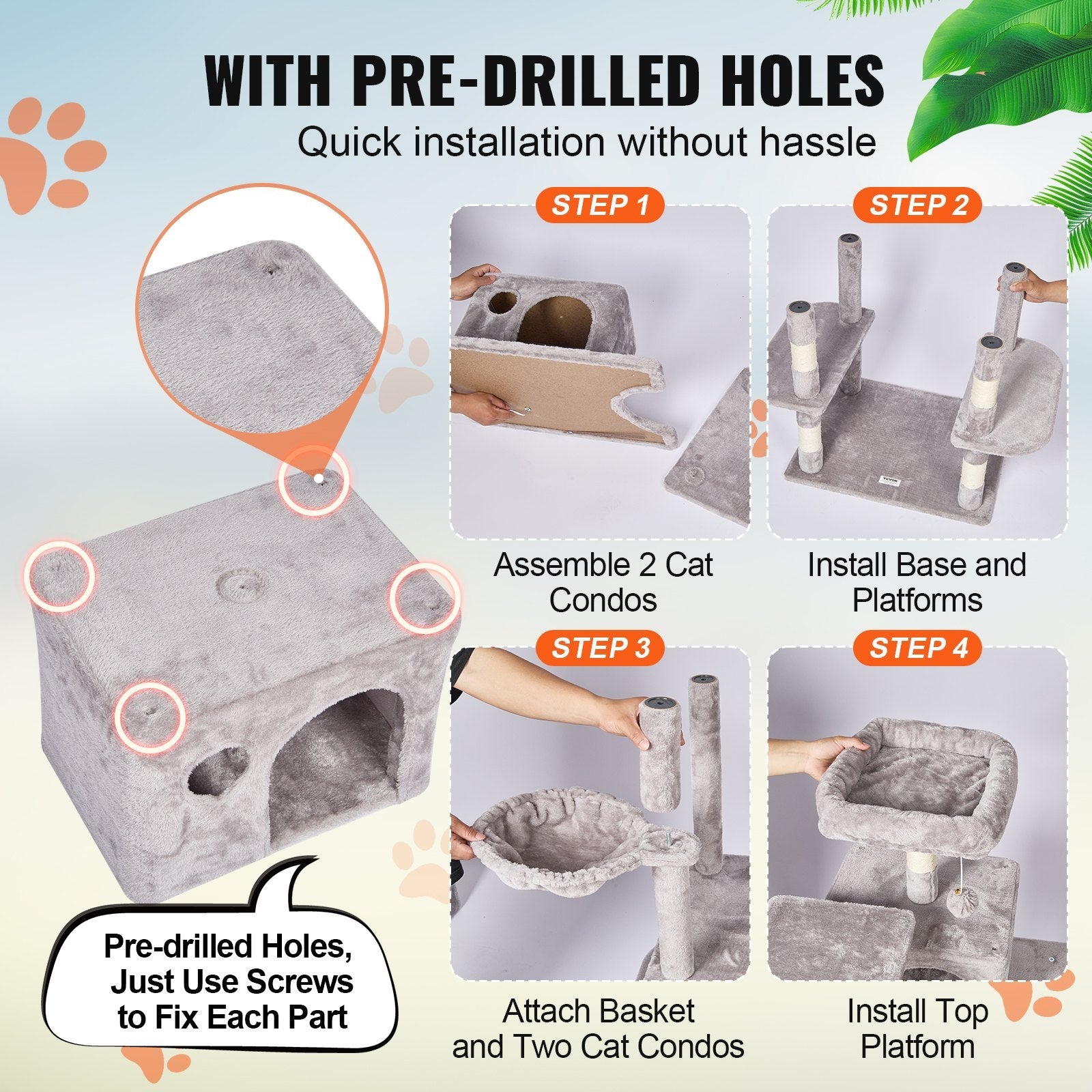 VEVOR Cat Tree 68.5" Cat Tower with Cat Condos Sisal Scratching Post Light Grey 