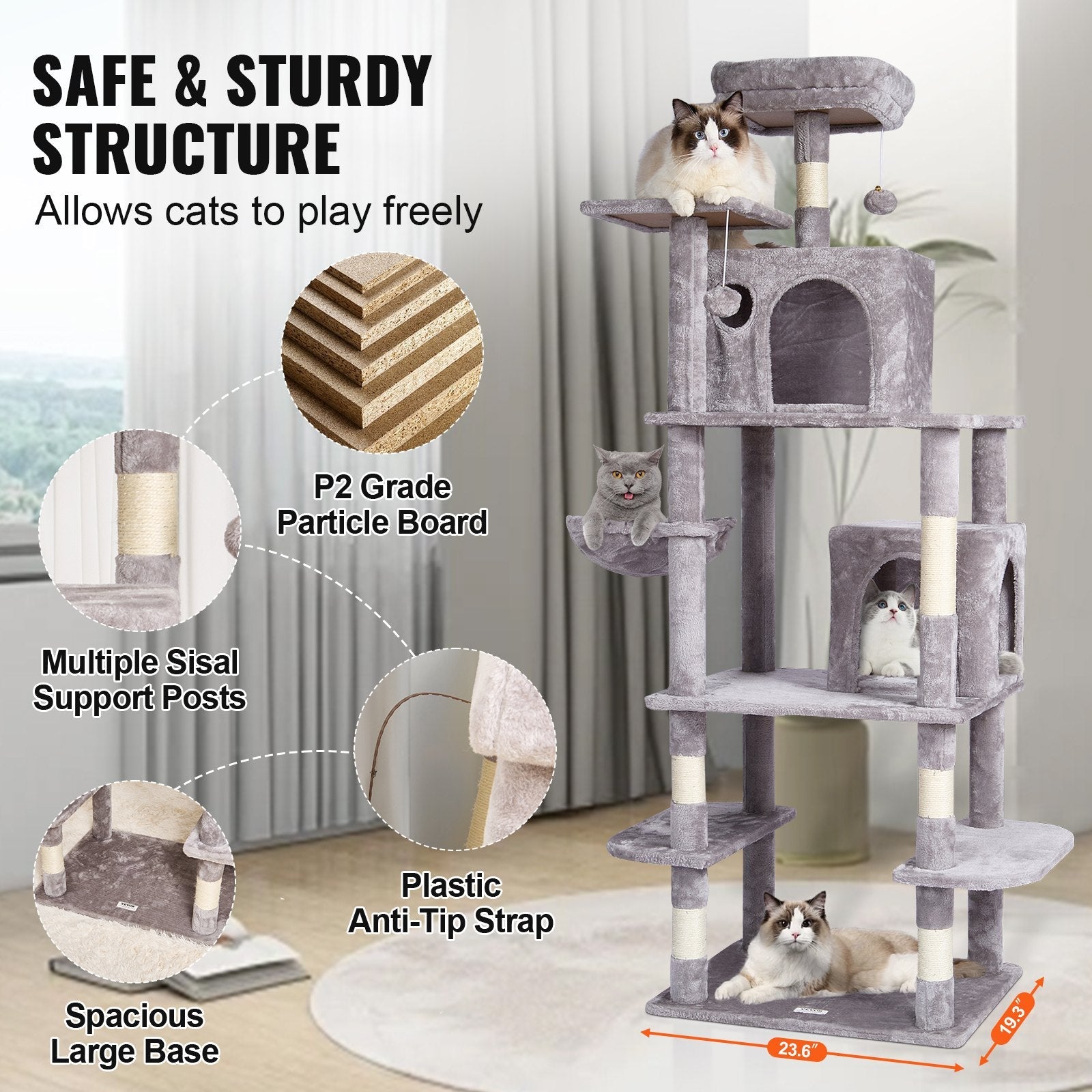 VEVOR Cat Tree 68.5" Cat Tower with Cat Condos Sisal Scratching Post Light Grey 