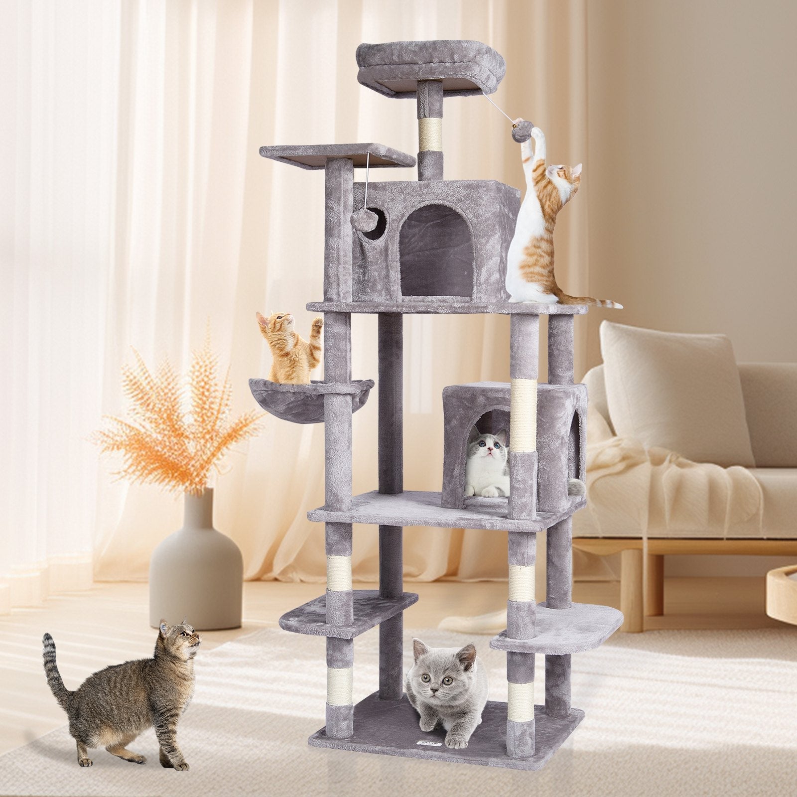 VEVOR Cat Tree 68.5" Cat Tower with Cat Condos Sisal Scratching Post Light Grey 