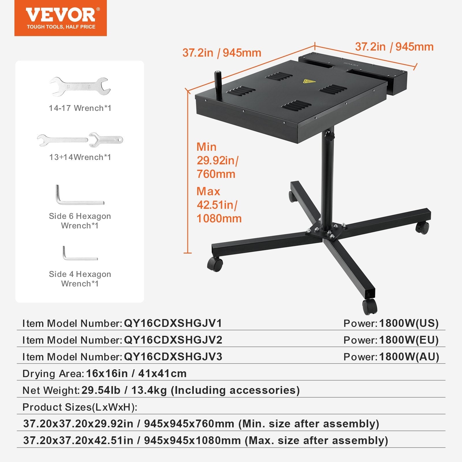 VEVOR Flash Dryer, 16 x 16 inch Flash Dryer for Screen Printing, High Power Silk Screen Printing Dryer with Height Adjustable Stand, 360° Rotation, X-Shaped Base, Steel T-Shirt Curing Machine 