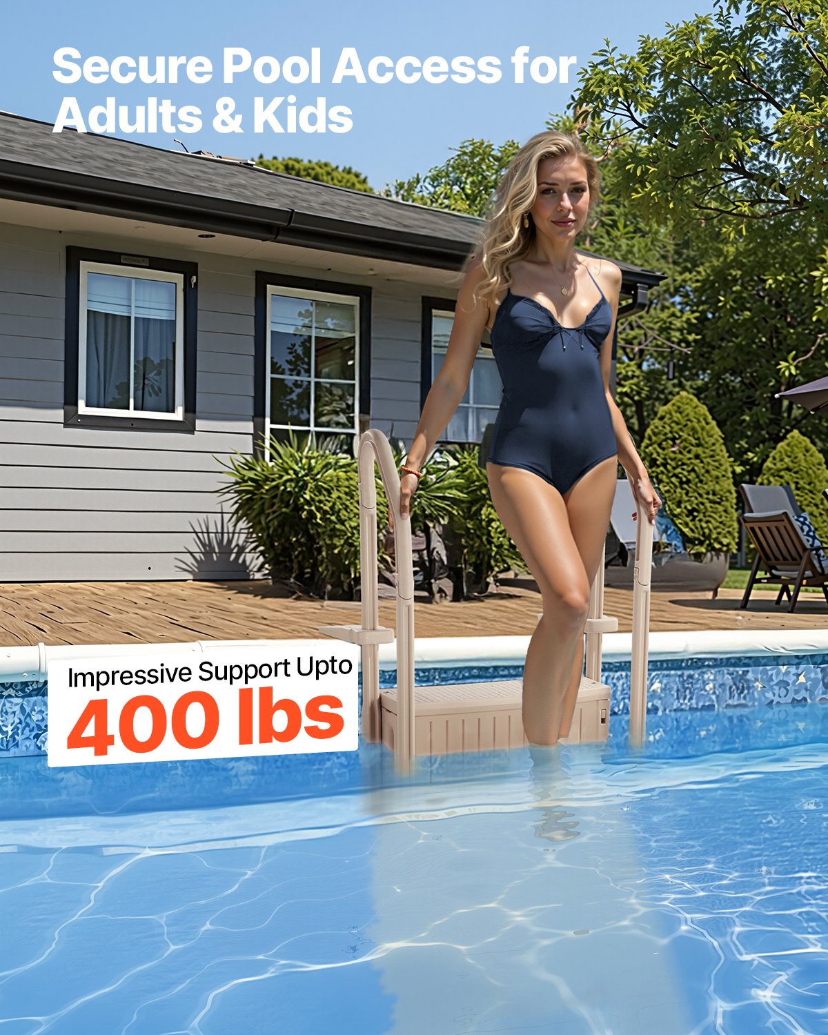VEVOR 3-Step Taupe Pool Ladder of 2 Handrails Supports 400 lb for 36-48 In Pools 