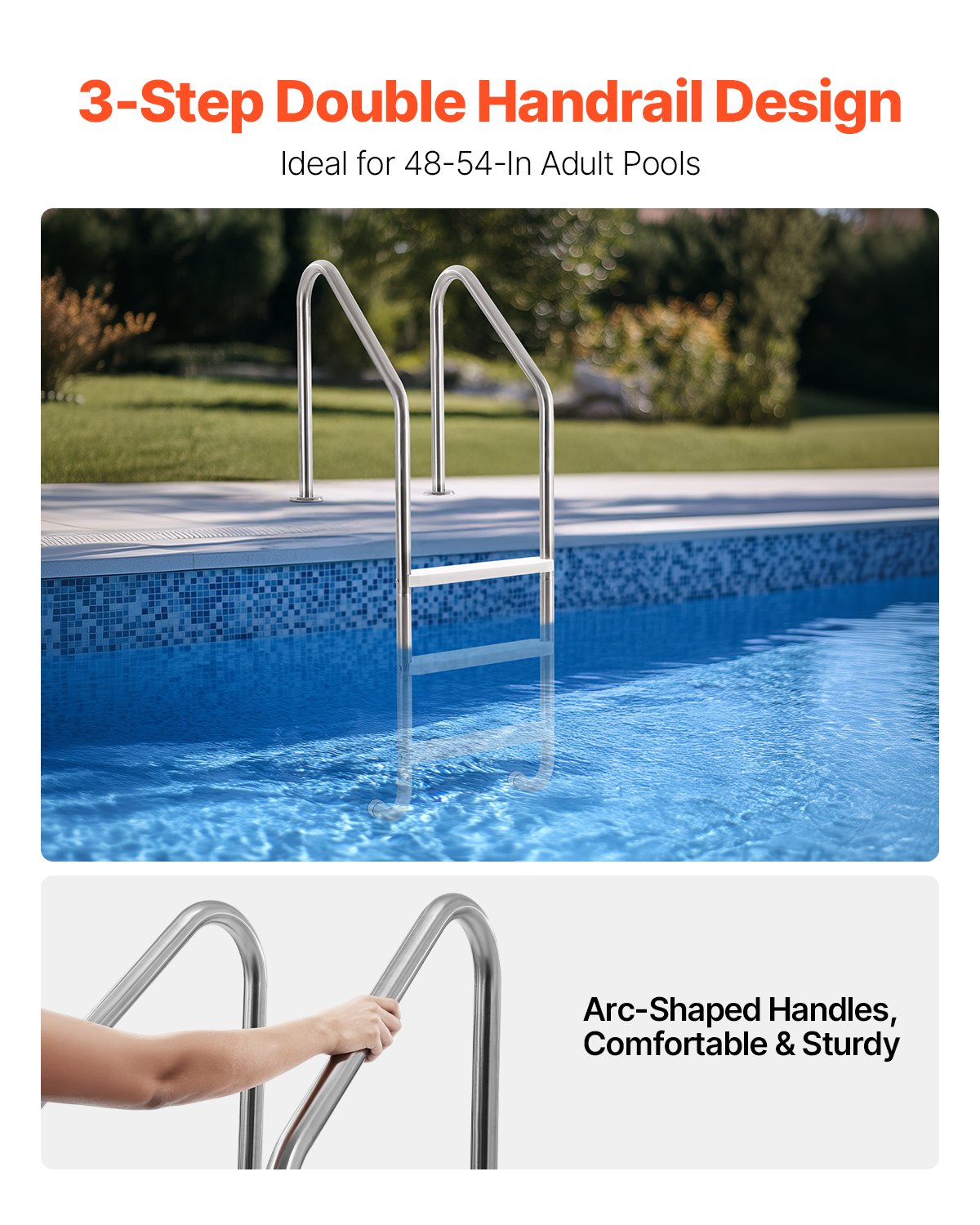 VEVOR Robust Stainless Steel Pool Ladder 3-Step & 2 Handrails for 48-54 In Pool 